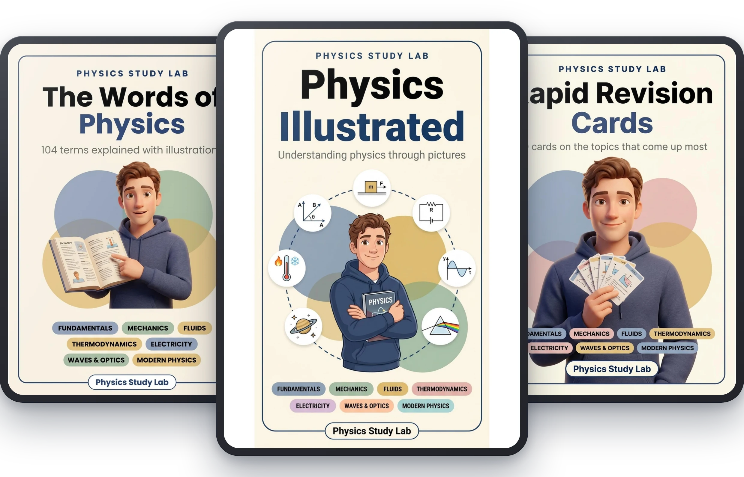 The three books: Physics Illustrated, The Words of Physics and the Rapid Revision Cards